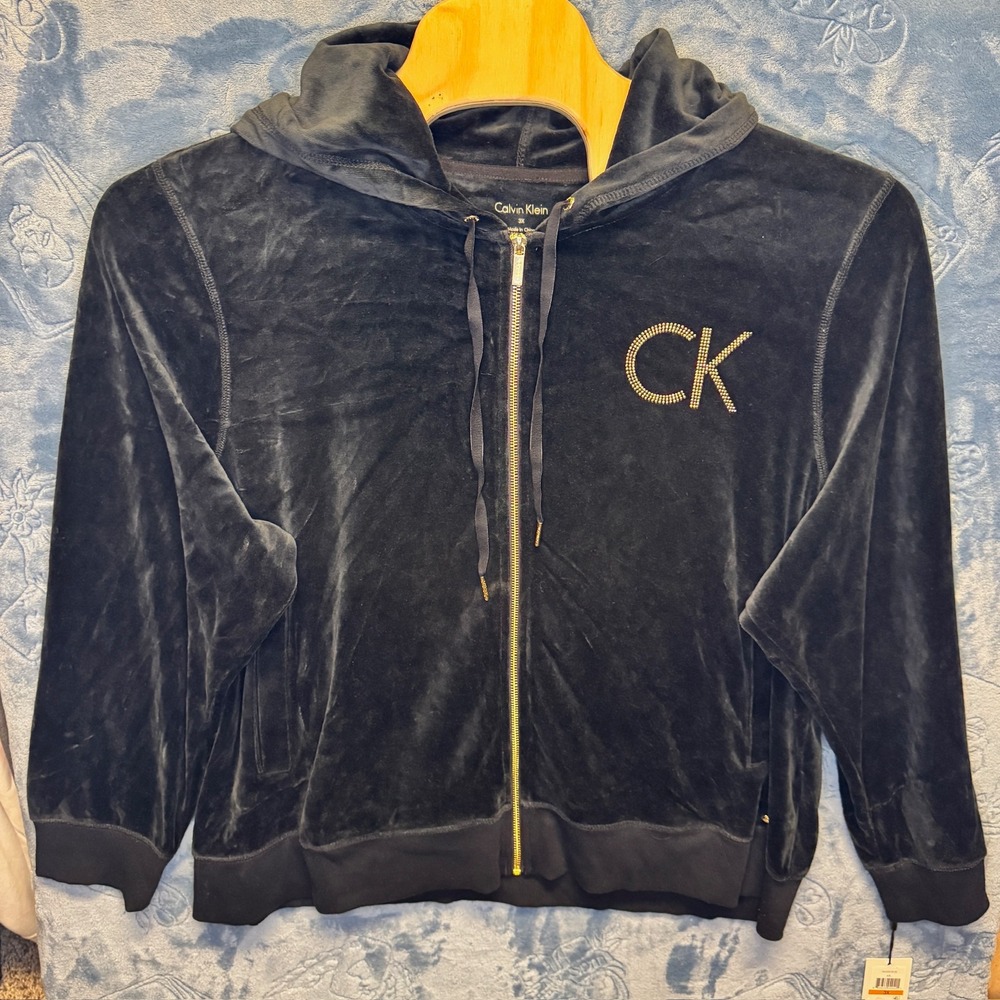 1830 | NWT Calvin Klein Rhinestone Logo Velour Zip Up Hoodie Black Women 3X
